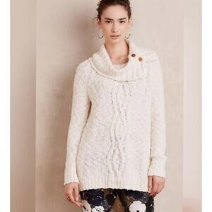 Anthropologie Moth Chunky Knit Cowl Split Neck Sweater Cream Sz Med Fisherman